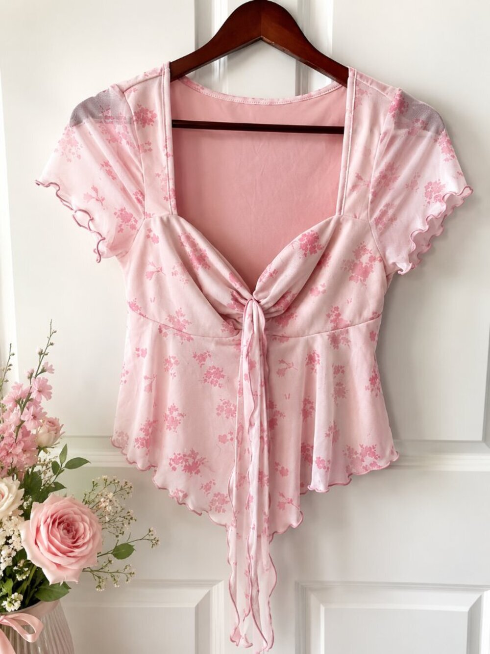 Pink Floral Tie Front Peplum Top Mesh Fairycore Coquette Balletcore Women's XS